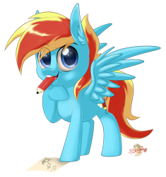 Size: 753x800 | Tagged: safe, artist:unisoleil, oc, oc only, oc:flamelight dash, species:pegasus, species:pony, chibi, male, mouth hold, pencil, simple background, solo, stallion, transparent background