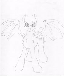 Size: 3110x3692 | Tagged: safe, artist:andandampersand, oc, oc only, oc:lillian, species:bat pony, species:pony, art trade, lineart, monochrome, simple background, solo, spread wings, traditional art, wings, wip