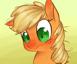 Size: 600x500 | Tagged: safe, artist:xarakayx, character:applejack, blushing, cute, female, freckles, frown, looking down, messy mane, shy, solo, wide eyes