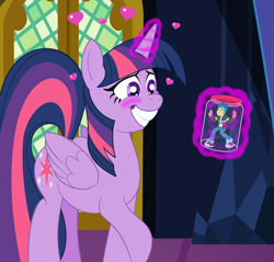 Size: 1483x1418 | Tagged: safe, artist:bbbhuey, character:flash sentry, character:twilight sparkle, character:twilight sparkle (alicorn), species:alicorn, species:pony, ship:flashlight, my little pony:equestria girls, blushing, female, glowing horn, heart, human flash sentry x pony twilight, husbando thief, interspecies, jar, magic, male, mare, micro, shipping, smiling, straight, sweat, sweatdrop, telekinesis, twilight's castle
