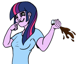 Size: 883x727 | Tagged: safe, artist:xormak, character:twilight sparkle, species:human, my little pony:equestria girls, chocolate, chocolate milk, female, meme, milk, pure unfiltered evil, solo, spilled milk