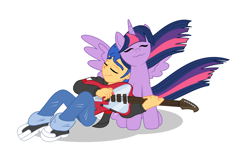 Size: 2965x1957 | Tagged: safe, artist:bbbhuey, character:flash sentry, character:twilight sparkle, character:twilight sparkle (alicorn), species:alicorn, species:human, species:pony, ship:flashlight, my little pony:equestria girls, couple, eyes closed, female, guitar, human flash sentry x pony twilight, interspecies, love, male, shipping, simple background, straight, white background