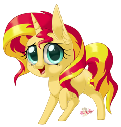 Size: 760x800 | Tagged: safe, artist:unisoleil, character:sunset shimmer, species:pony, species:unicorn, chibi, cute, female, looking at you, mare, open mouth, raised hoof, shimmerbetes, simple background, solo, transparent background