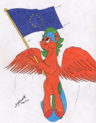 Size: 2246x2886 | Tagged: safe, artist:summerium, oc, oc only, oc:summer lights, species:pegasus, species:pony, europe, european union, flag, flying, glasses, male, simple background, solo, spread wings, stallion, traditional art, white background, wings