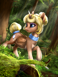 Size: 1500x2000 | Tagged: dead source, safe, artist:rossignolet, oc, oc only, oc:crème puff, species:pony, species:unicorn, eyeshadow, female, forest, grass, hair bun, looking back, makeup, mare, mother, raised hoof, request, requested art, saddle bag, scenery, solo, spider web, sunlight, tail bun, tree
