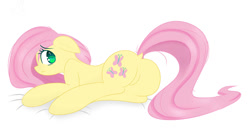 Size: 1024x532 | Tagged: safe, artist:posionjoke, character:fluttershy, species:earth pony, species:pony, cute, earth pony fluttershy, featureless crotch, female, floppy ears, looking at you, looking sideways, plot, prone, race swap, simple background, solo, white background, wingless