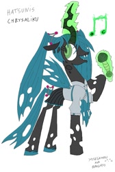Size: 715x1061 | Tagged: safe, artist:bangayo, artist:yosegaman, character:queen chrysalis, species:changeling, alternate hairstyle, changeling queen, clothing, cute, cutealis, female, hatsune miku, microphone, raised hoof, shirt, simple background, solo, vocaloid, white background