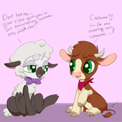 Size: 1600x1600 | Tagged: safe, artist:faline-art, community related, character:arizona cow, character:sweetie belle, species:cow, species:sheep, them's fightin' herds, episode:forever filly, g4, my little pony: friendship is magic, arizonadorable, clothing, cloven hooves, comic, costume, crossover, cute, diasweetes, female, filly, sheepie belle