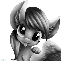 Size: 640x640 | Tagged: safe, artist:faline-art, character:derpy hooves, species:pegasus, species:pony, bust, ear fluff, female, grayscale, looking at you, mare, monochrome, simple background, smiling, solo, tongue out, white background
