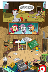 Size: 1024x1536 | Tagged: safe, artist:cartoon-eric, character:apple bloom, character:scootaloo, character:sweetie belle, oc, oc:fritz, oc:gear loose, species:pegasus, species:pony, comic:cmc and gear loose, ball, book, bookshelf, chalkboard, comic, cutie mark crusaders, kitchen sink, messy, raygun, screwdriver, skis, tongue out, wheel