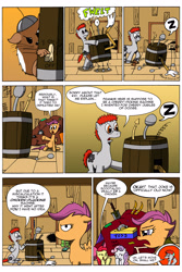 Size: 3000x4500 | Tagged: safe, artist:cartoon-eric, character:apple bloom, character:scootaloo, character:sweetie belle, oc, oc:fritz, oc:gear loose, species:pegasus, species:pony, comic:cmc and gear loose, absurd resolution, bastard sword, comic, cutie mark crusaders, final fantasy, final fantasy vii, happy helmet, ren and stimpy, robot, scootachicken, scootaloo is not amused, sword, weapon