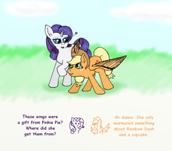 Size: 1250x1100 | Tagged: safe, artist:eulicious, character:applejack, character:rarity, species:pegasus, species:pony, fanfic:cupcakes, ship:rarijack, butt touch, cloud, feathermarking, female, flapplejack, heart, implied cupcakes, implied murder, lesbian, race swap, shipping, text