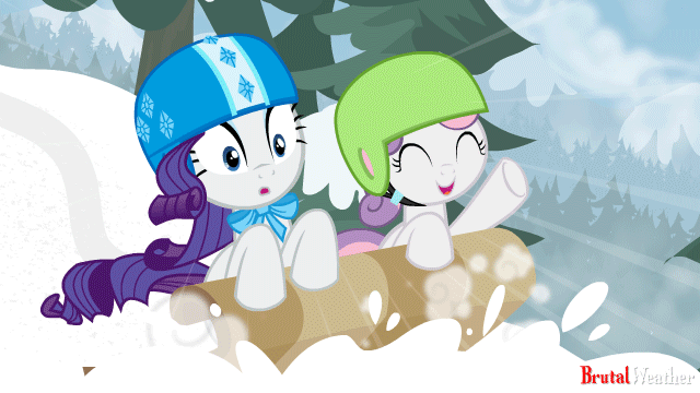 Size: 640x360 | Tagged: safe, artist:brutalweather studio, character:rarity, character:sweetie belle, species:pony, episode:forever filly, g4, my little pony: friendship is magic, animated, duo, female, forest, gif, helmet, scenery, siblings, sisters, sledding, snow, winter
