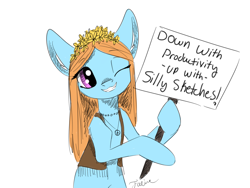 Size: 1600x1200 | Tagged: safe, artist:faline-art, oc, oc only, species:pony, female, grin, hippie, mare, one eye closed, protest, sign, silly, silly pony, simple background, smiling, solo, white background, wink