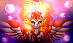 Size: 2574x1515 | Tagged: safe, artist:kurochhi, character:daybreaker, character:princess celestia, species:alicorn, species:pony, episode:a royal problem, g4, my little pony: friendship is magic, armor, female, mare, solo, spread wings, wings