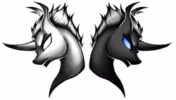 Size: 2296x1304 | Tagged: safe, artist:thatonegib, species:changeling, angry, bust, digital art, frown, grayscale, looking down, monochrome, partial color, portrait, simple background, tattoo, tattoo design, white background