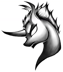 Size: 1142x1304 | Tagged: safe, artist:thatonegib, derpibooru original, species:changeling, angry, bust, frown, grayscale, looking down, monochrome, portrait, simple background, solo, tattoo, tattoo design, white background
