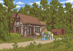 Size: 3000x2100 | Tagged: safe, artist:eriada, character:derpy hooves, character:rainbow dash, oc, species:pony, cloud, female, grass, male, mare, mechanic, saddle bag, sky, smiling, stallion, tools, tree, trio, utility belt, workshop