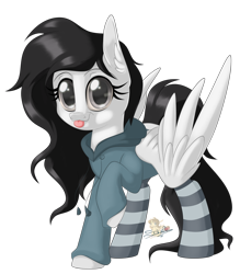 Size: 702x800 | Tagged: safe, artist:unisoleil, oc, oc only, oc:echo, species:pegasus, species:pony, clothing, female, hoodie, mare, raised hoof, simple background, socks, solo, striped socks, tongue out, transparent background