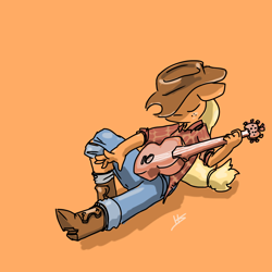 Size: 1280x1280 | Tagged: safe, artist:pencilbrony, character:applejack, species:anthro, boots, clothing, female, guitar, hat, jeans, orange background, pants, plaid shirt, simple background, solo