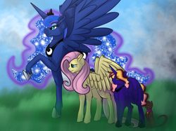 Size: 2732x2048 | Tagged: safe, artist:percy-mcmurphy, character:fluttershy, character:princess luna, oc, oc:dream catcher, parent:fluttershy, parent:princess luna, parents:lunashy, species:alicorn, species:pegasus, species:pony, ship:lunashy, alicorn oc, big wings, cat, crown, family, female, jewelry, lesbian, magical lesbian spawn, mare, next generation, offspring, raised hoof, regalia, shipping, smiling, wings