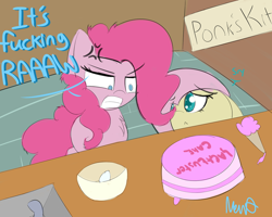 Size: 1280x1024 | Tagged: safe, artist:nevaylin, character:fluttershy, character:pinkie pie, species:earth pony, species:pegasus, species:pony, angry, cake, cross-popping veins, food, frosting, gordon ramsay, vulgar