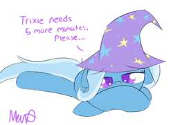 Size: 1280x926 | Tagged: safe, artist:nevaylin, character:trixie, species:pony, species:unicorn, clothing, female, hat, prone, simple background, sleepy, solo, trixie's hat, white background