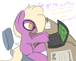 Size: 1280x1024 | Tagged: safe, artist:nevaylin, character:grace manewitz, species:earth pony, species:pony, background pony, computer, female, laptop computer, mare, pone, simple background, sleepy, solo, vulgar, white background