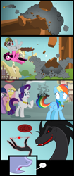 Size: 1299x3086 | Tagged: safe, artist:culu-bluebeaver, character:rainbow dash, character:rarity, character:twilight sparkle, oc, oc:pinkanon, oc:plague, oc:ruby, species:earth pony, species:pegasus, species:pony, species:unicorn, comic:the six-winged serpent, clocktower, comic, debris, dialogue, element of generosity, element of kindness, element of loyalty, element of magic, elements of harmony, grimdark series, grotesque series, open mouth, ponyville, red and black oc, sarge sprinkles, smoke, speech bubble