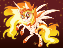 Size: 1049x800 | Tagged: safe, artist:unisoleil, character:daybreaker, character:princess celestia, species:alicorn, species:pony, episode:a royal problem, g4, my little pony: friendship is magic, chibi, female, grin, mane of fire, rearing, smiling, solo, spread wings, wings
