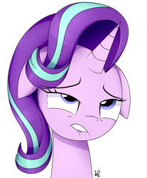 Size: 1200x1450 | Tagged: safe, artist:whitelie, character:starlight glimmer, species:pony, species:unicorn, bust, female, floppy ears, lip bite, looking up, portrait, simple background, solo, transparent background
