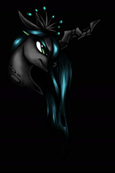 Size: 1348x2012 | Tagged: safe, artist:thatonegib, derpibooru original, character:queen chrysalis, species:changeling, black background, bust, changeling queen, female, portrait, simple background, smiling, solo, tattoo, tattoo design