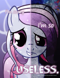 Size: 2000x2577 | Tagged: safe, artist:starbat, character:sweet stuff, species:earth pony, species:pony, g1, female, g1 to g4, generation leap, mare, sad, smiling, split screen, two sided posters, two sides