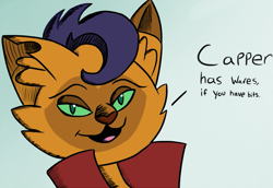 Size: 1015x699 | Tagged: safe, artist:itsthinking, derpibooru original, character:capper dapperpaws, species:abyssinian, species:anthro, my little pony: the movie (2017), blue background, bust, dialogue, khajiit, looking at you, male, open mouth, portrait, reference, simple background, skyrim, text, the elder scrolls