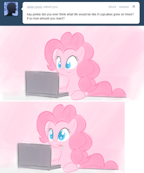 Size: 664x799 | Tagged: safe, artist:bambooharvester, character:pinkie pie, ask, drool, female, pinkie pie replies, solo, tumblr