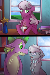 Size: 1200x1800 | Tagged: safe, artist:percy-mcmurphy, character:cheerilee, character:silver spoon, character:spike, species:dragon, species:earth pony, species:pony, adult, alternate hairstyle, book, comic, desk, female, glasses, jewelry, looking away, male, mare, mug, necklace, older, older silver spoon, older spike, pearl necklace, sad, shipping, silverspike, straight, table, trio, vase