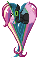 Size: 1639x2502 | Tagged: safe, artist:missitofu, character:princess cadance, character:queen chrysalis, species:alicorn, species:changeling, species:pony, cadance two face, character to character, cute, cutealis, disguise, disguised changeling, duality, fake cadance, female, heart changeling, heart pony, mare, missing cutie mark, simple background, solo, transformation, transparent background
