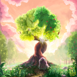 Size: 900x897 | Tagged: safe, artist:nemo2d, episode:the perfect pear, g4, my little pony: friendship is magic, apple, apple tree, cloud, crepuscular rays, food, fruit, grass, intertwined trees, nature, no pony, pear, pear tree, rock, sky, tree, when you see it