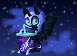 Size: 1024x753 | Tagged: safe, artist:unisoleil, character:nightmare moon, character:princess luna, species:alicorn, species:pony, chibi, coffee, cup, female, solo, straw
