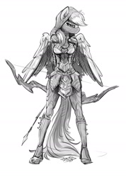 Size: 1400x1962 | Tagged: safe, artist:fidzfox, character:rainbow dash, species:anthro, species:pegasus, species:pony, archer dash, armor, armor skirt, bow (weapon), breasts, busty rainbow dash, clothing, female, looking at you, mare, monochrome, simple background, skirt, skyrim, solo, the elder scrolls, white background