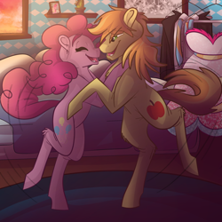 Size: 2048x2048 | Tagged: safe, artist:percy-mcmurphy, character:braeburn, character:pinkie pie, species:earth pony, species:pony, ship:braepie, clothing, dress, duo, female, happy, male, mare, shipping, smiling, stallion, straight