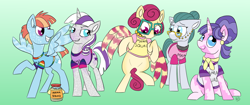 Size: 1900x800 | Tagged: safe, artist:sallindaemon, character:cloudy quartz, character:cookie crumbles, character:pear butter, character:posey shy, character:twilight velvet, character:windy whistles, species:earth pony, species:pegasus, species:pony, species:unicorn, episode:the perfect pear, g4, my little pony: friendship is magic, bipedal, clothing, colored wings, dark comedy, gradient background, jar, mom six, multicolored wings, shirt, sitting, smiling
