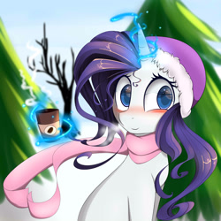 Size: 3000x3000 | Tagged: safe, artist:posionjoke, character:rarity, species:pony, species:unicorn, blushing, clothing, coffee, cup, cute, female, hat, levitation, magic, simple background, smiling, solo, steam, telekinesis, winter