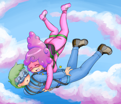 Size: 1280x1103 | Tagged: safe, artist:basketgardevoir, oc, oc only, oc:software patch, oc:windcatcher, species:human, clothing, cloud, falling, glasses, goggles, hug, humanized, humanized oc, jumpsuit, parachute, sky, skydiving, tackle, this will end in death, windpatch