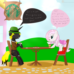 Size: 3000x3000 | Tagged: safe, artist:ricktin, oc, oc only, oc:gold rush, oc:stardust nicole silvermane, species:pony, species:unicorn, booster seat, bow, chair, clothing, coat, coffee, coffee cup, cup, cute, dialogue, donut, duo, duo male, femboy, food, hat, male, sitting, stallion, table, trap
