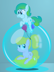 Size: 2400x3200 | Tagged: safe, artist:bladedragoon7575, oc, oc only, oc:delphina depths, oc:lola balloon, species:pony, balloon, balloon sitting, bubble, bubble sitting, in bubble, puffy cheeks, simple background, underwater