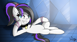 Size: 1134x616 | Tagged: safe, artist:whitelie, oc, oc only, oc:imagine lust, species:earth pony, species:pony, bracelet, collar, colored pupils, female, grin, jewelry, looking at you, mare, on side, smiling, solo