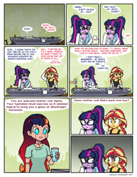 Size: 752x976 | Tagged: safe, artist:crydius, character:sunset shimmer, character:twilight sparkle, character:twilight sparkle (scitwi), oc, oc:gamma, parent:sci-twi, parent:sunset shimmer, parent:twilight sparkle, parents:scitwishimmer, parents:sunsetsparkle, species:eqg human, ship:scitwishimmer, ship:sunsetsparkle, my little pony:equestria girls, android, bed hair, clothing, comic, female, gradient hair, lab coat, lesbian, magical lesbian spawn, meet gamma, offspring, scientific lesbian spawn, shipping