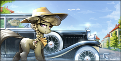 Size: 1880x946 | Tagged: safe, artist:ramiras, character:silver spoon, species:earth pony, species:pony, bandana, building, car, clothing, female, fluffy, hat, mare, missing accessory, older, older silver spoon, rich, scenery, solo focus, vehicle