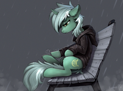 Size: 1627x1208 | Tagged: safe, artist:ramiras, character:lyra heartstrings, species:pony, species:unicorn, fanfic:background pony, bench, clothing, crying, depressed, dig the swell hoodie, emo, emo lyra, female, hoodie, mare, rain, sad, solo, sweater